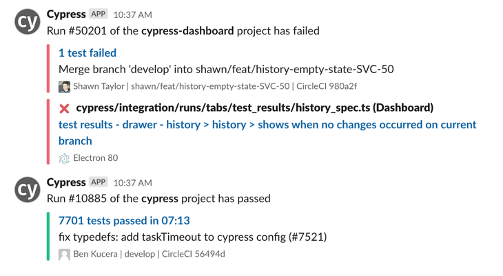 Cypress App notification feed in Slack channel